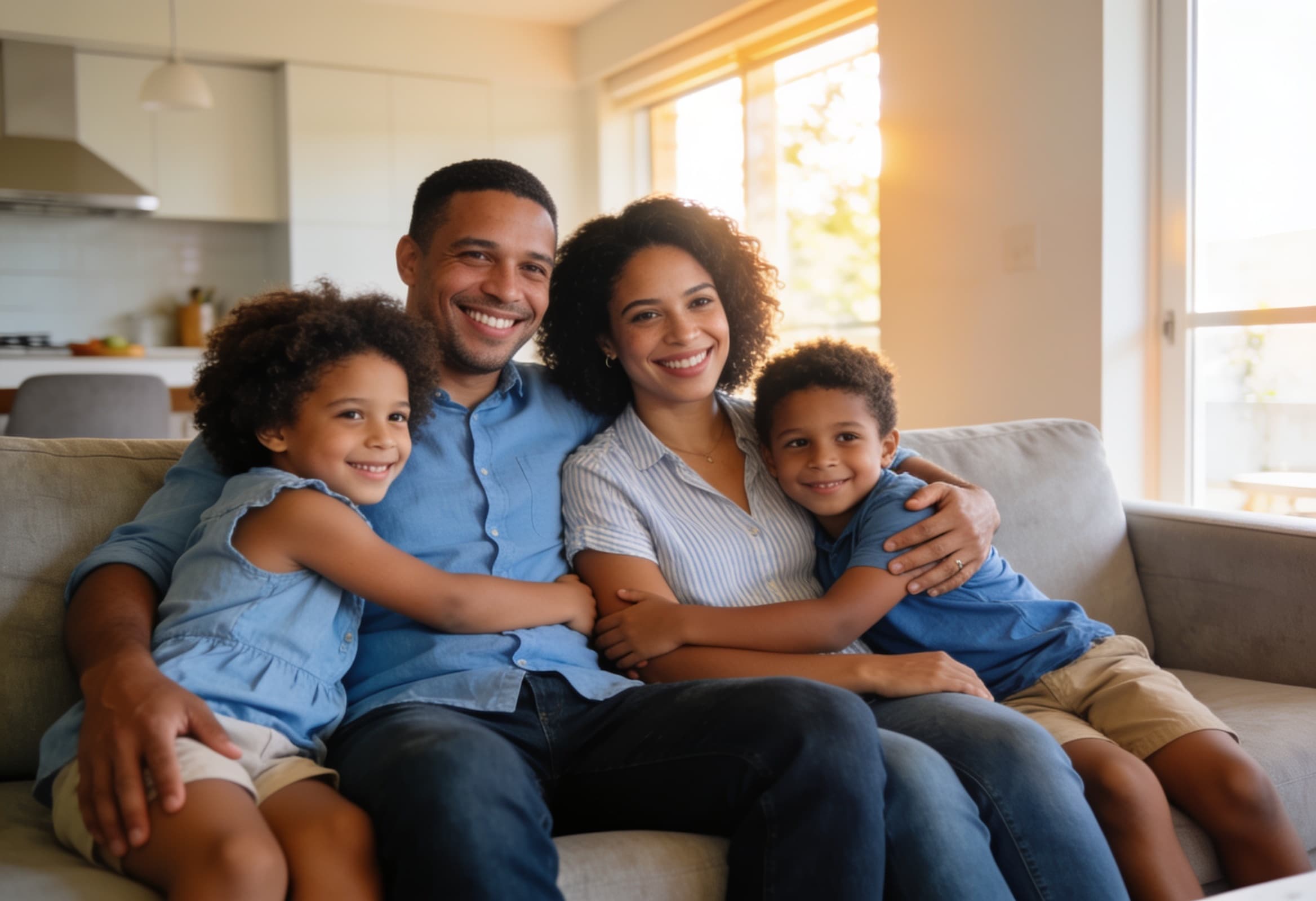 Família sorrindo no sofá, representando proteção e tranquilidade com a BONFIM